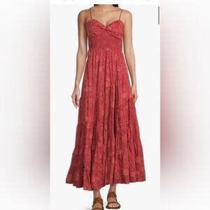 Free People Sun-drenched Printed Maxi Dress in Red ( Size Small) NEVER WORN